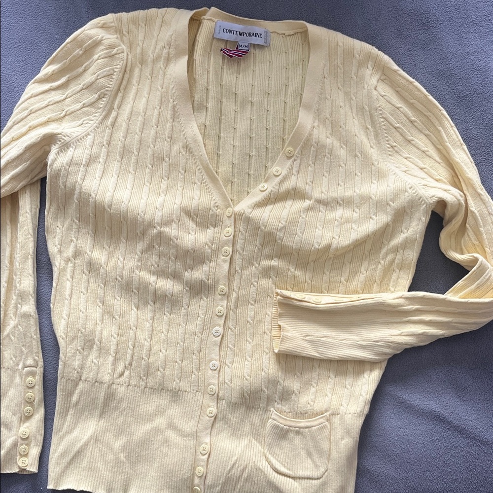Simons Contemporaine butter yellow cable knit cardigan